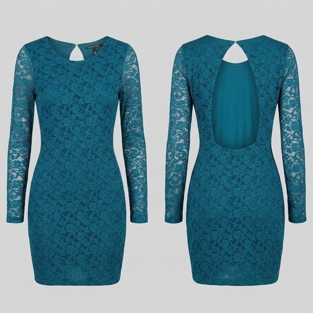 Victorias Secret Teal Blue Stretch Lace Open Back Bodycon Mini Dress Small